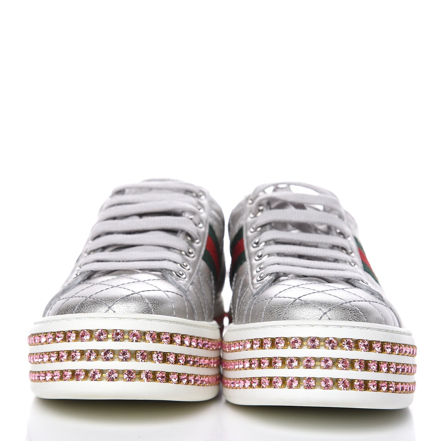 Laminated Nappa Crystal Web Bee Embroidered Trapuntata Womens Ace Platform Sneakers 37 Argento