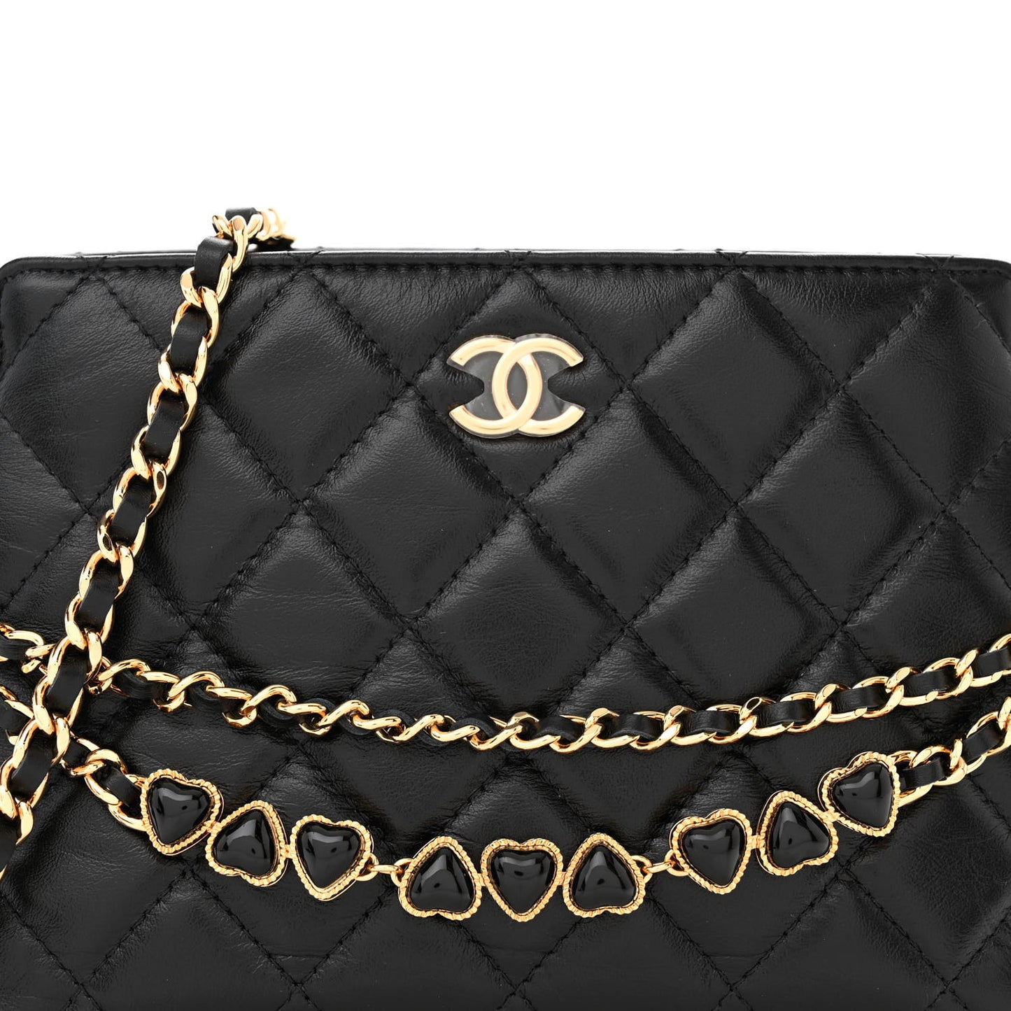 Shiny Crumpled Calfskin Quilted Clutch With Chain Black