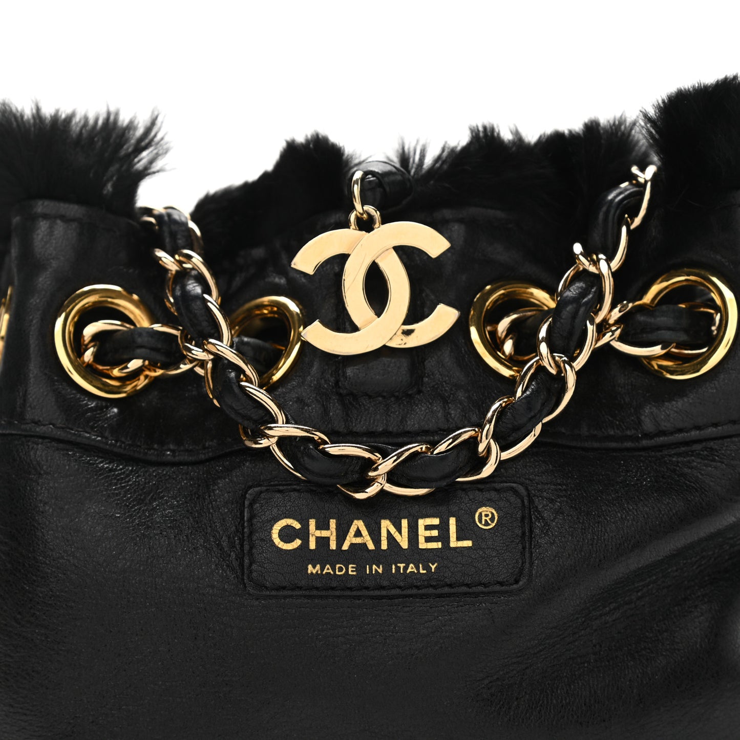 Rabbit Fur Reversible Drawstring Bag Black