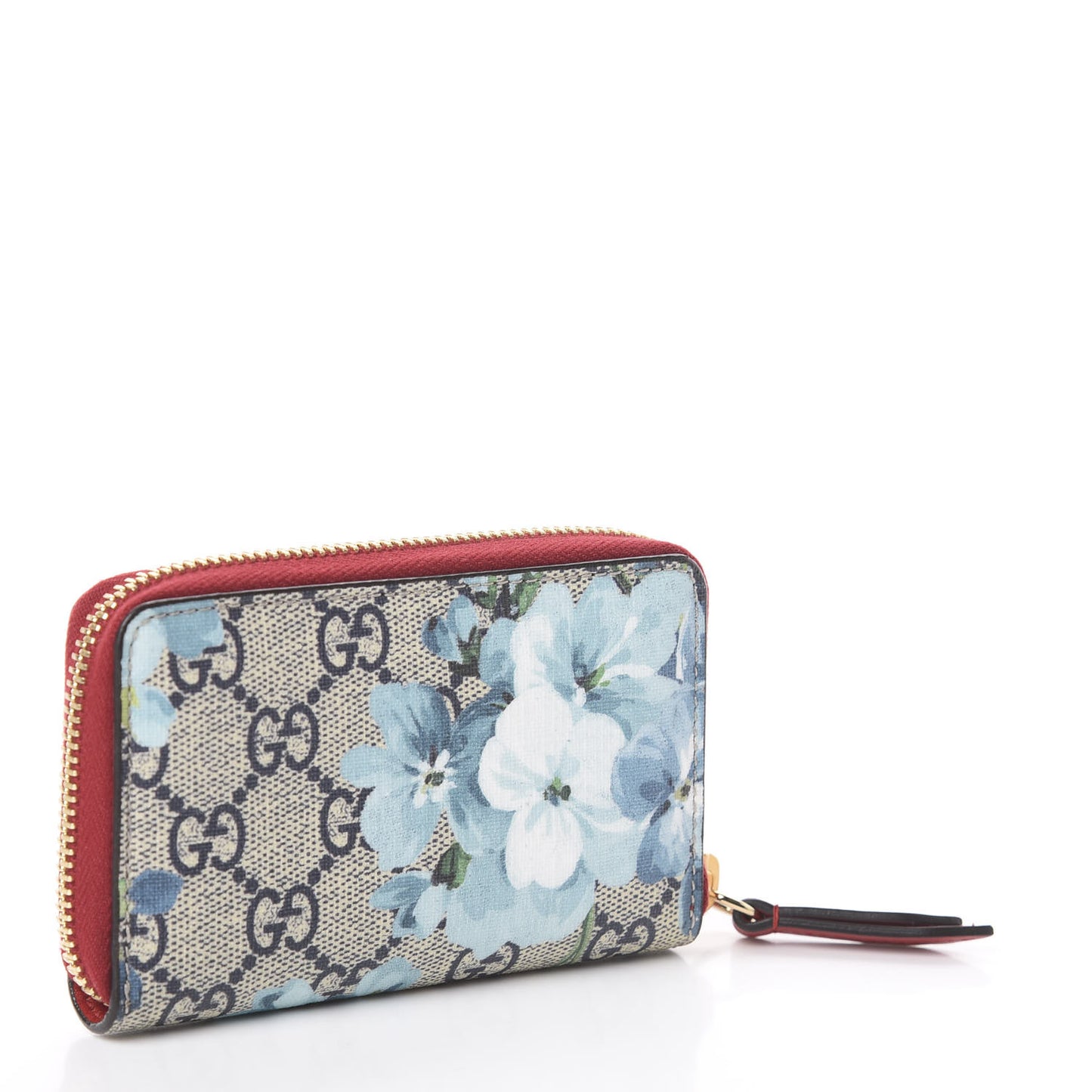 GG Supreme Monogram Blooms Zip Around Card Case Wallet Beige Blue Navy Hibiscus Red