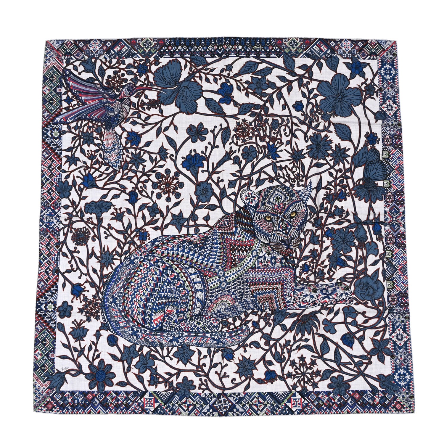 Hermes Cashmere Silk Le Jaguar Et Le Colibri Shawl 140 Gris Chine Bleu Acajou 1 of 12