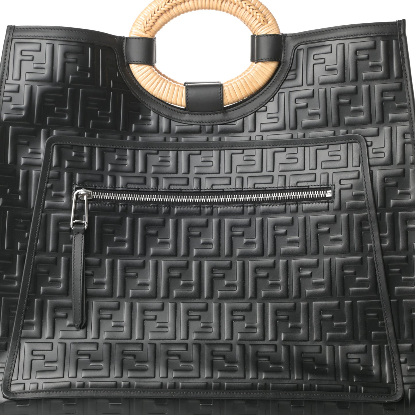 Vitello Century Wicker FF 1974 Embossed Large Runaway Shopper Tote Black