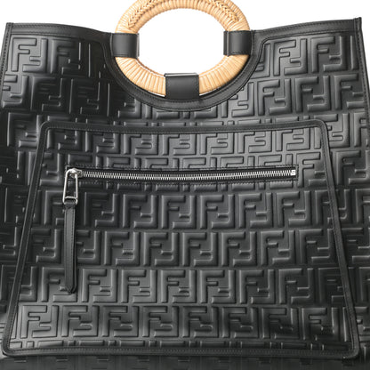 Fendi Vitello Century Wicker FF 1974 Embossed Large Runaway Shopper Tote Black 8 of 12
