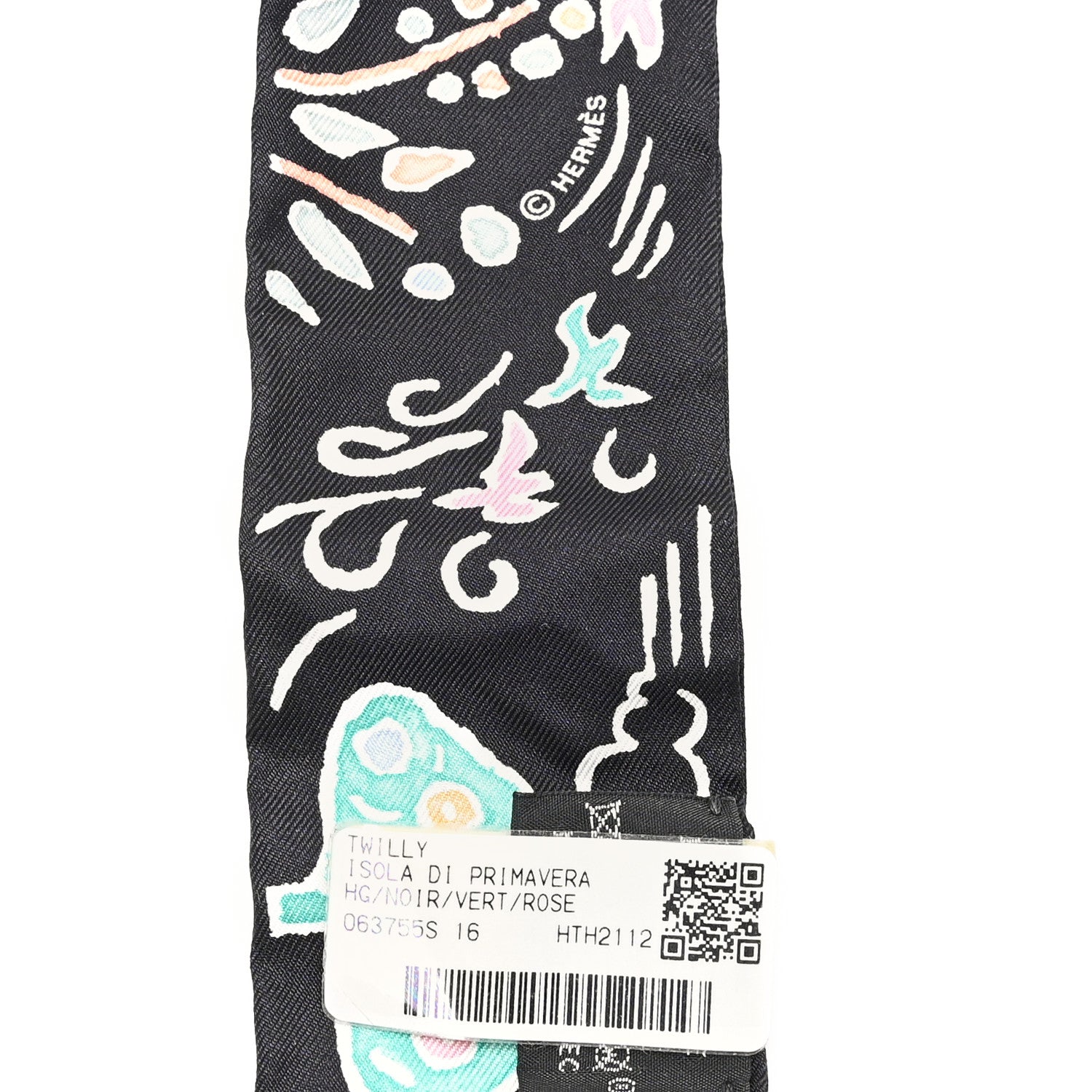 Hermes Silk Isola Di Primavera Twilly Black Vert Rose 3 of 3