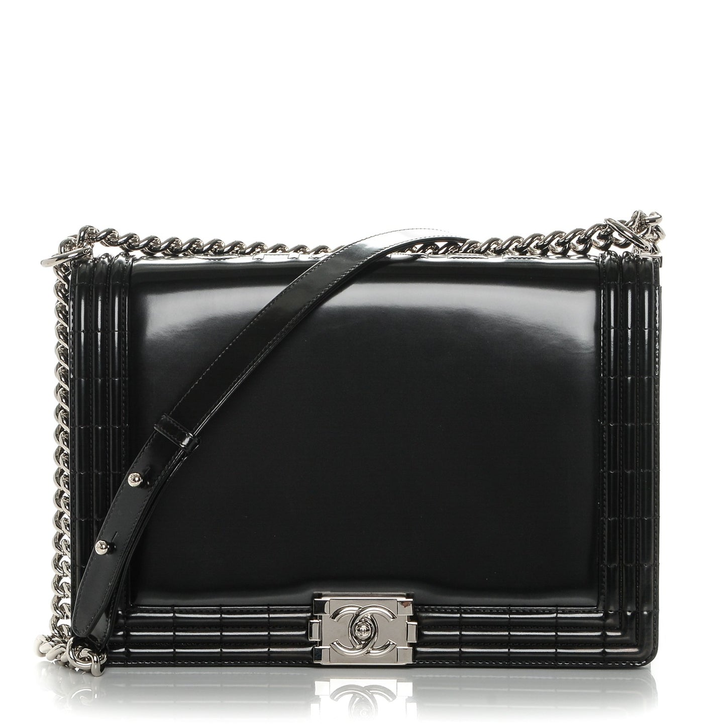 Glazed Calfskin Large Boy Flap Black