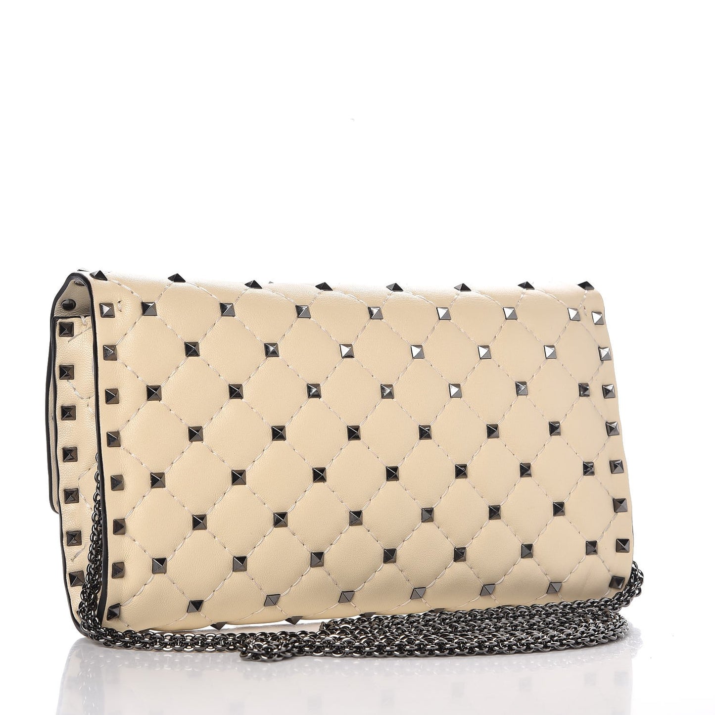 Lambskin Rockstud Spike Wallet on Chain White
