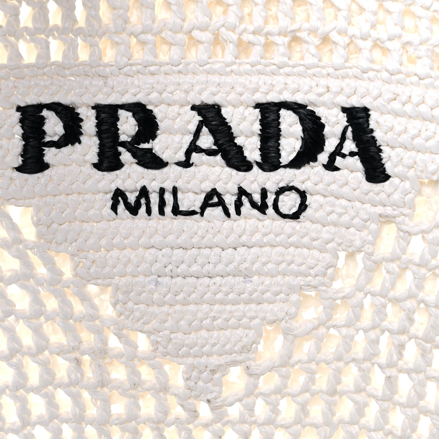 Prada Yarn Raffia Effect Crochet Logo Embroidered Shopping Tote Bag White 10 of 10