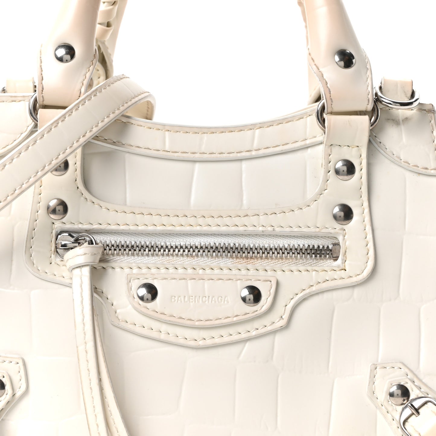 Semi Shiny Calfskin Crocodile Embossed Neo Classic Silver Hardware Nano City Crossbody White