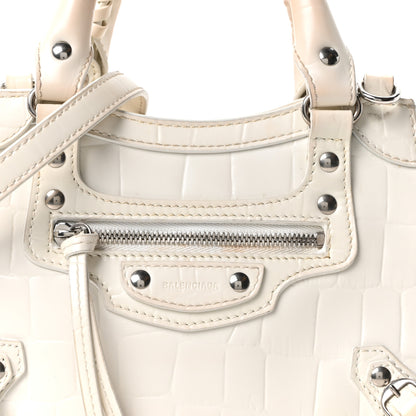 Balenciaga Semi Shiny Calfskin Crocodile Embossed Neo Classic Silver Hardware Nano City Crossbody White 12 of 17
