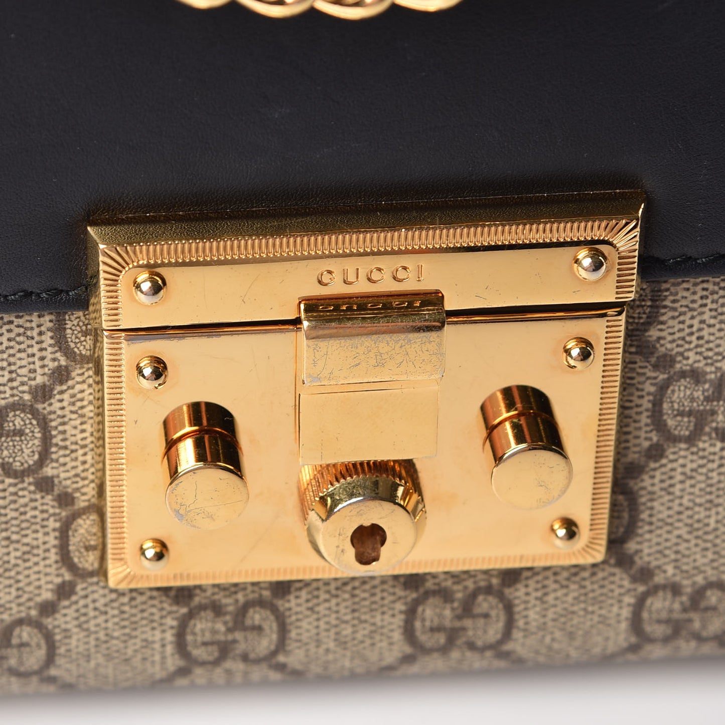 GG Supreme Monogram Calfskin Medium Padlock Shoulder Bag Beige Black Cuir