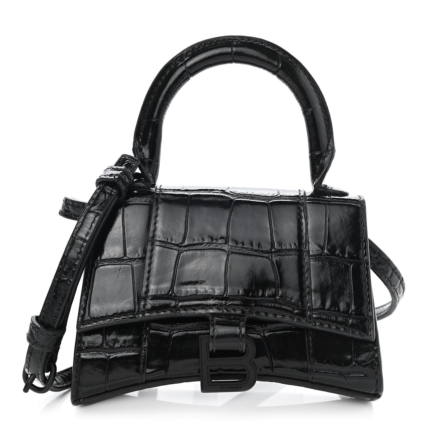 Balenciaga Shiny Calfskin Monochrome Crocodile Embossed Hourglass Top Handle Bag Mini Black 1 of 10