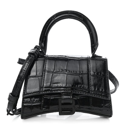 Balenciaga Shiny Calfskin Monochrome Crocodile Embossed Hourglass Top Handle Bag Mini Black 1 of 10