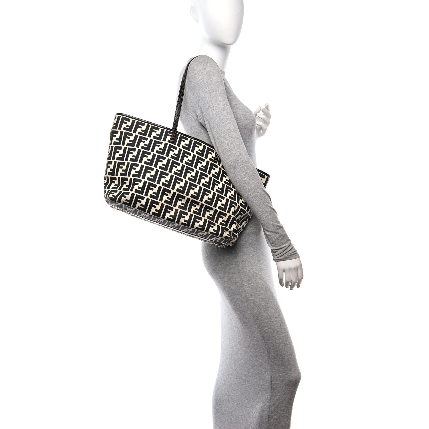 Fendi Canvas FF Roll Tote Black White 2 of 15