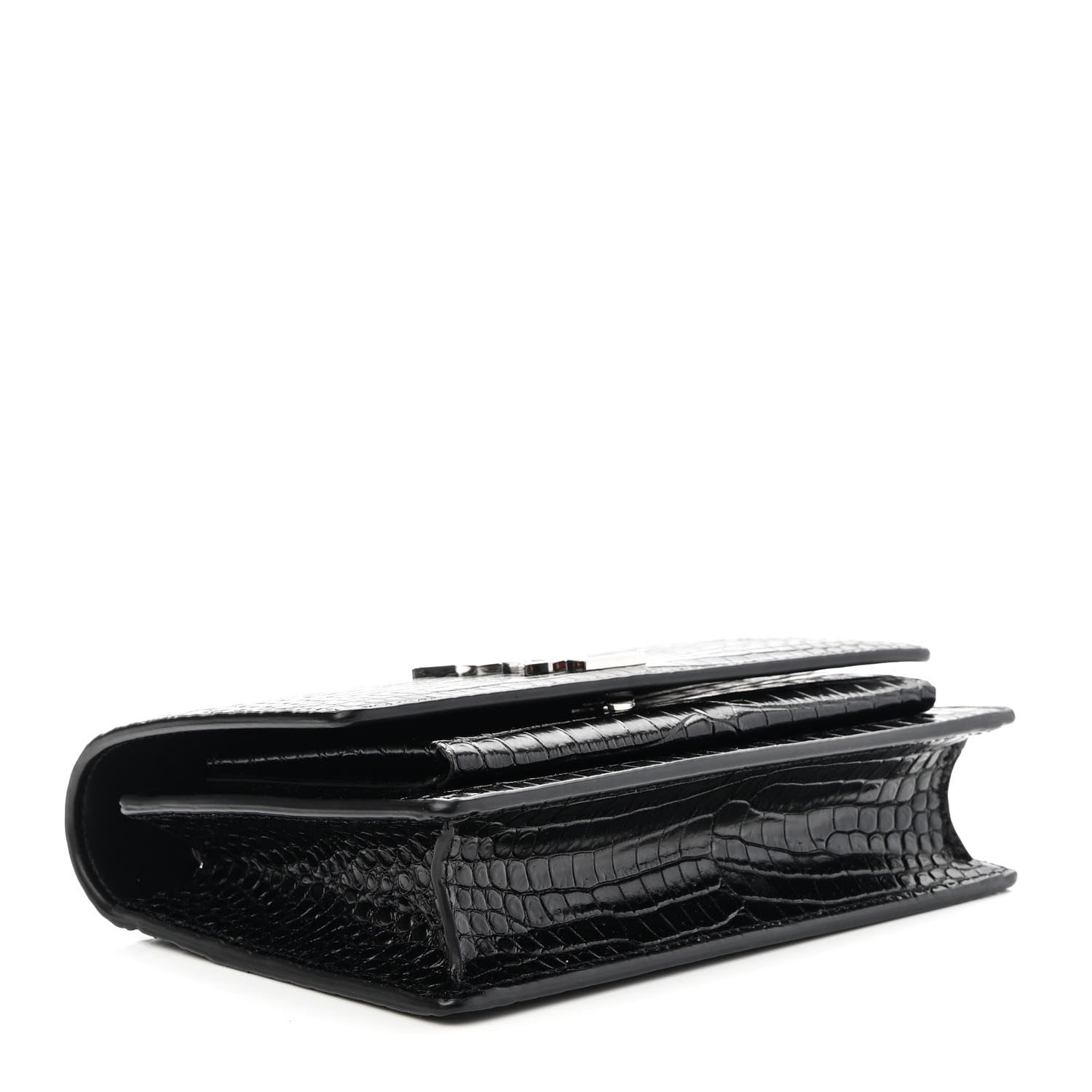 Saint Laurent Calfskin Crocodile Embossed Monogram Sunset Top Handle Chain Wallet Black 4 of 8