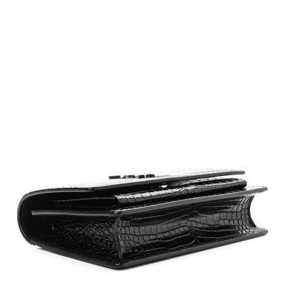 Saint Laurent Calfskin Crocodile Embossed Monogram Sunset Top Handle Chain Wallet Black 4 of 8