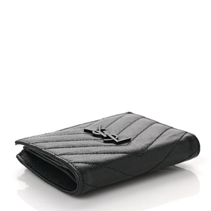Saint Laurent Grain De Poudre Matelasse Chevron Monogram Zipped Card Case Black 4 of 6