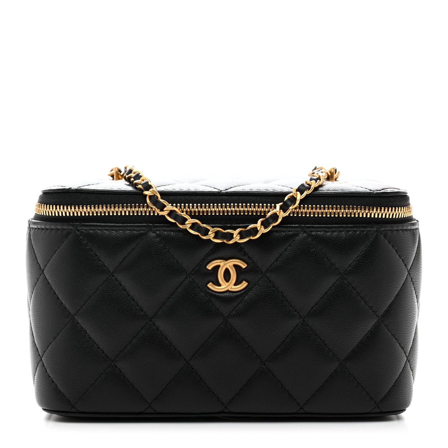 Lambskin Enamel Quilted Small Coco Hearts Vanity Case With Chain Black
