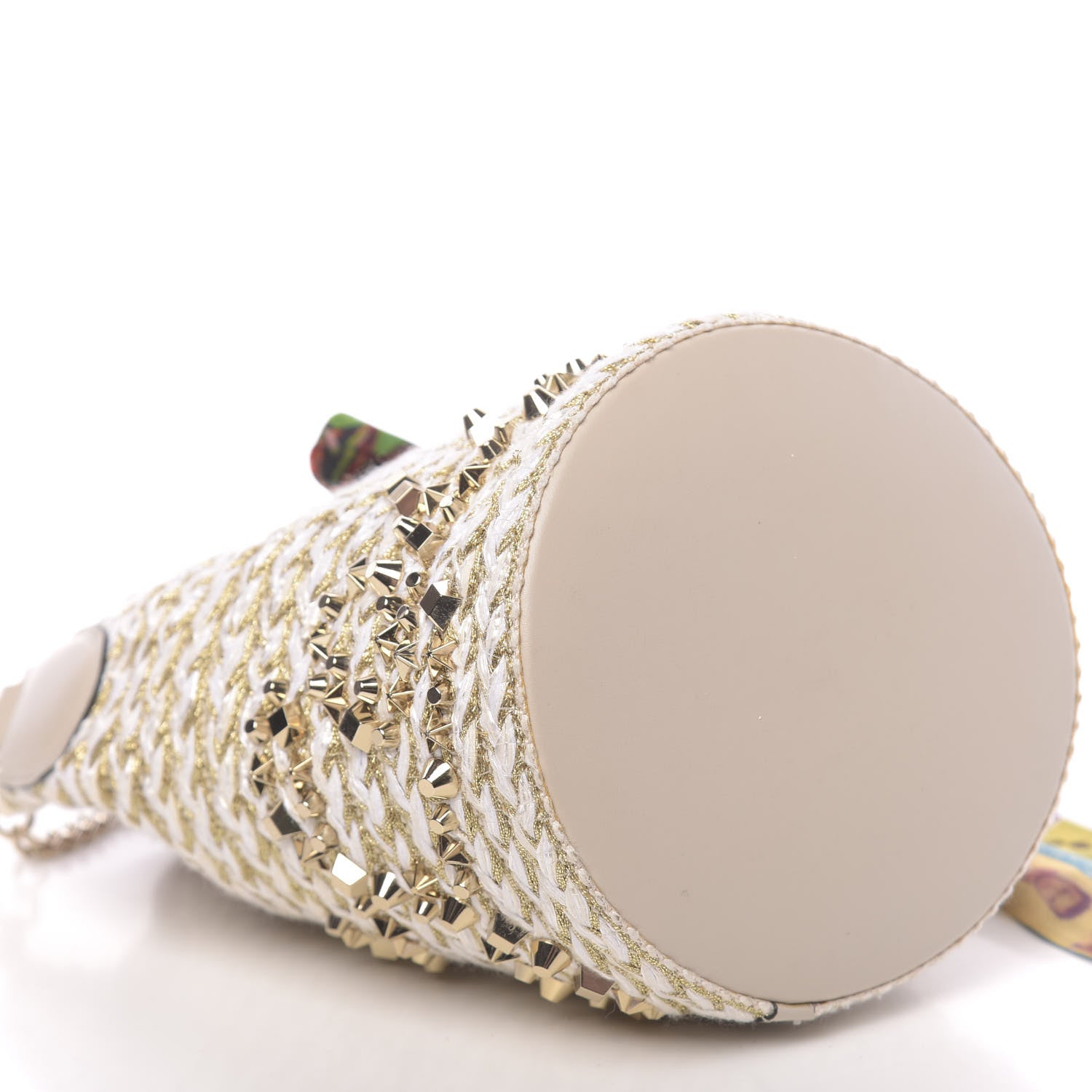 Christian Louboutin Woven Jute Crepe Satin Studded Marie Jane Bucket White Gold 8 of 9