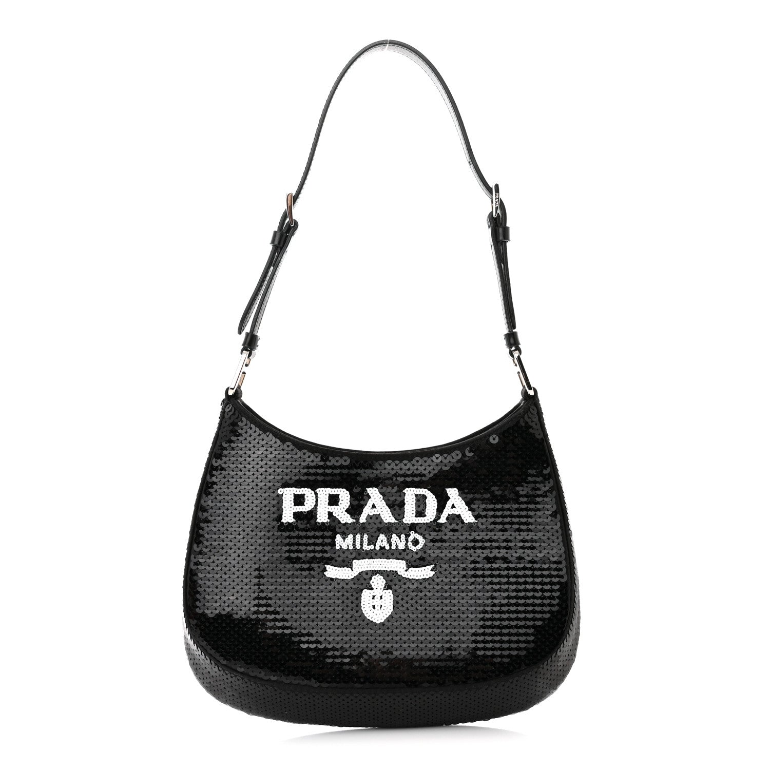 Prada Paillettes Sequin Logo Cleo Adjustable Strap Shoulder Bag Black White 1 of 12