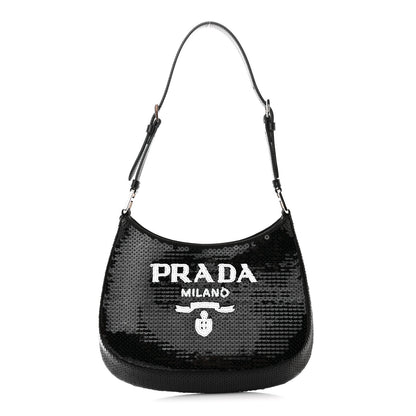 Prada Paillettes Sequin Logo Cleo Adjustable Strap Shoulder Bag Black White 1 of 12