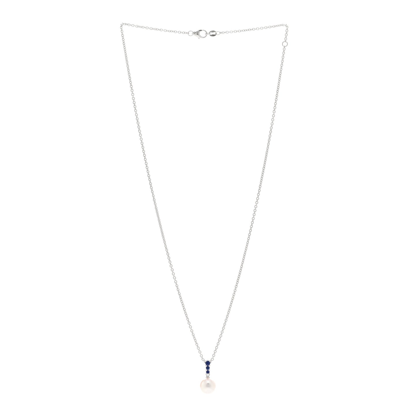 18K White Gold Blue Sapphire Akoya Pearl 8-8.5mm Morning Dew Pendant Necklace