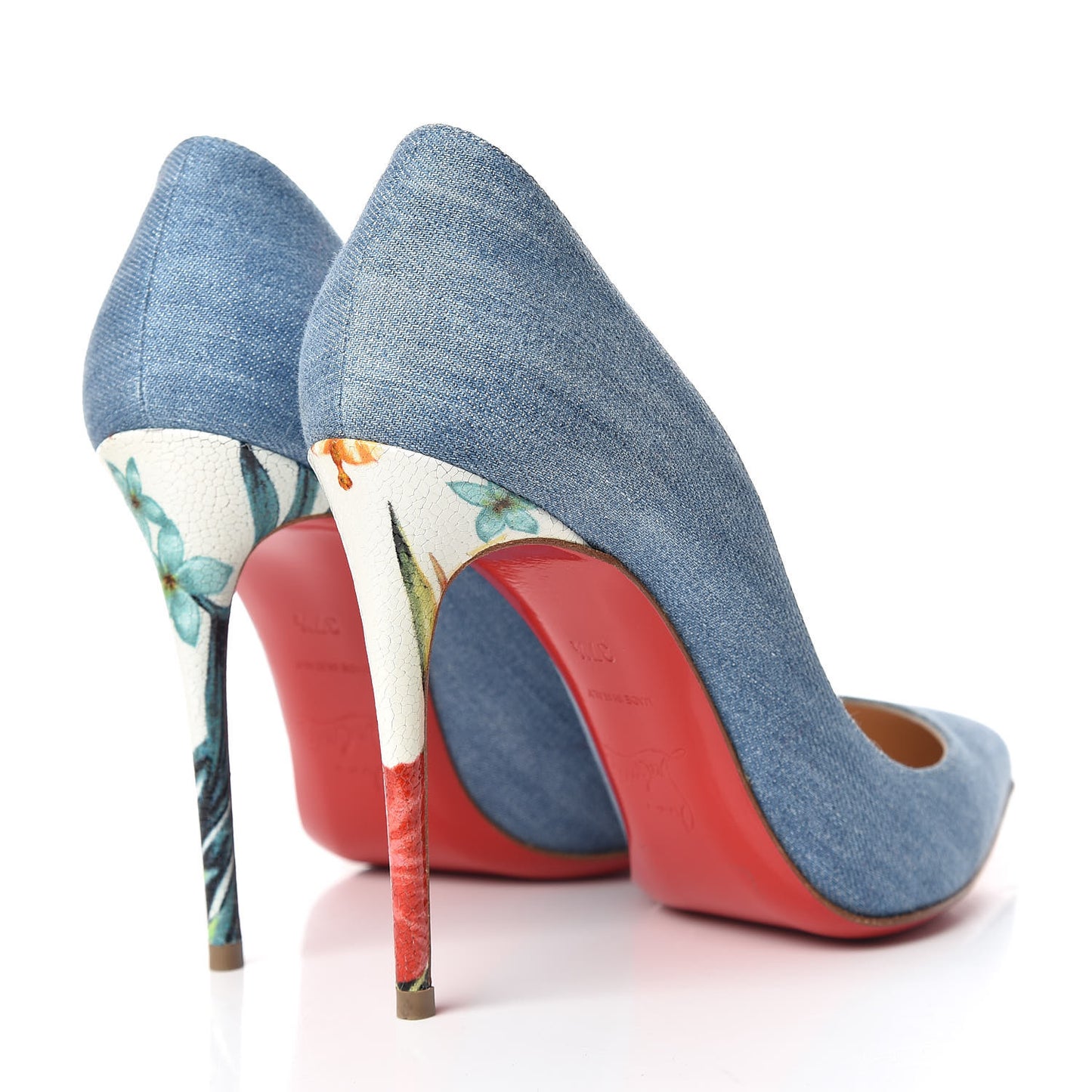 Denim Crackled Calfskin Hawaiian Print Pigalle Follies 100 Pumps 37.5 Blue White