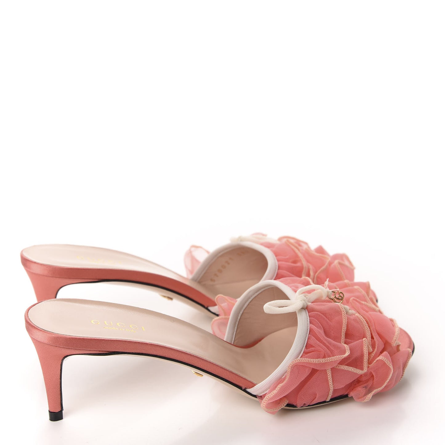 Tulle Ruffle Low Heel Slide Sandals 38.5 Peach Mystic White