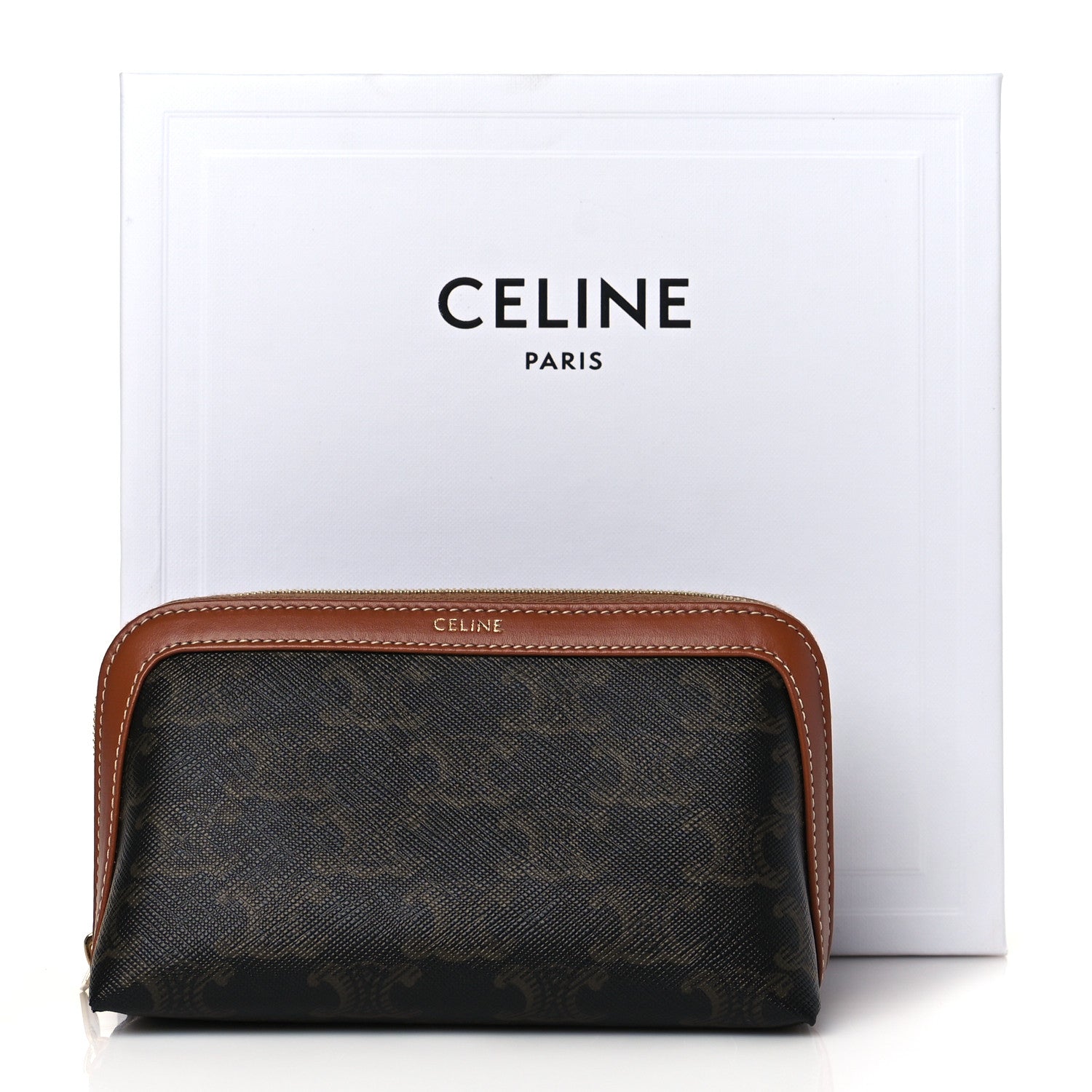 Celine Triomphe Canvas Calfskin Small Cosmetic Pouch Tan 11 of 11