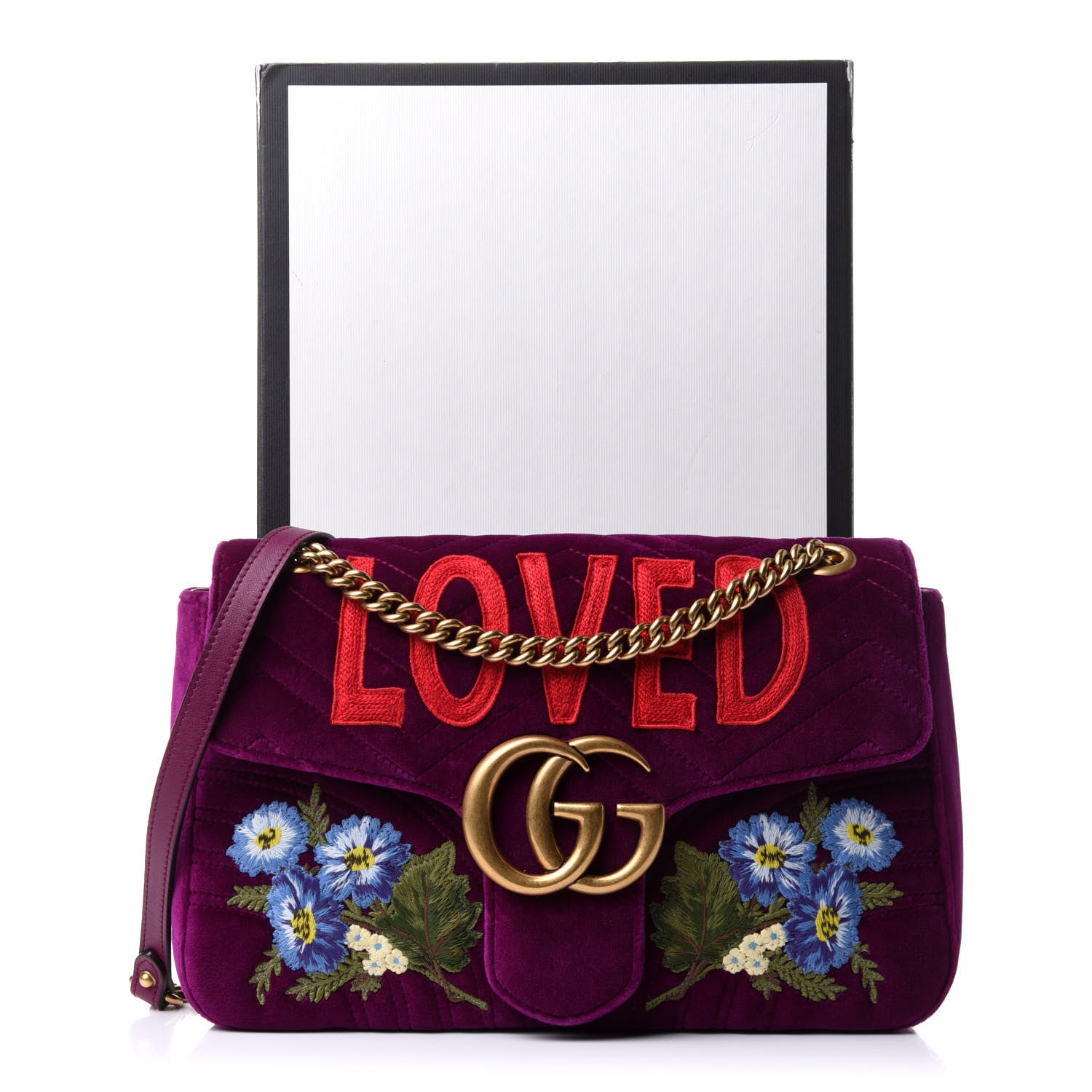 Gucci Velvet Matelasse Loved Embroidered Medium GG Marmont Shoulder Bag Fuchsia Violet Cyclamen 14 of 14