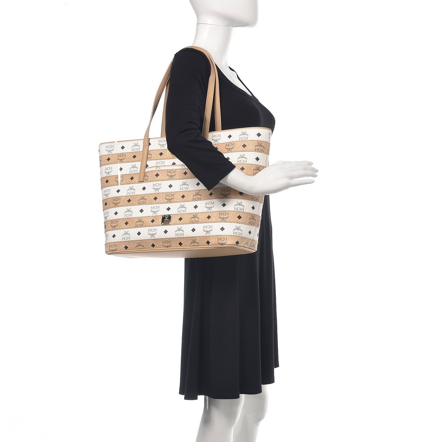 MCM Visetos Spot Stripped Medium Shopping Tote Beige White 2 of 10