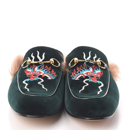 Gucci Velvet Fur Dragon Embroidered Mens Princetown Slippers 11 Zaffre Dark Zaffre 2 of 8