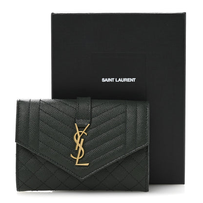 Saint Laurent Grain De Poudre Textured Mixed Matelasse Triquilt Small Monogram Envelope Wallet Dark Green 10 of 10