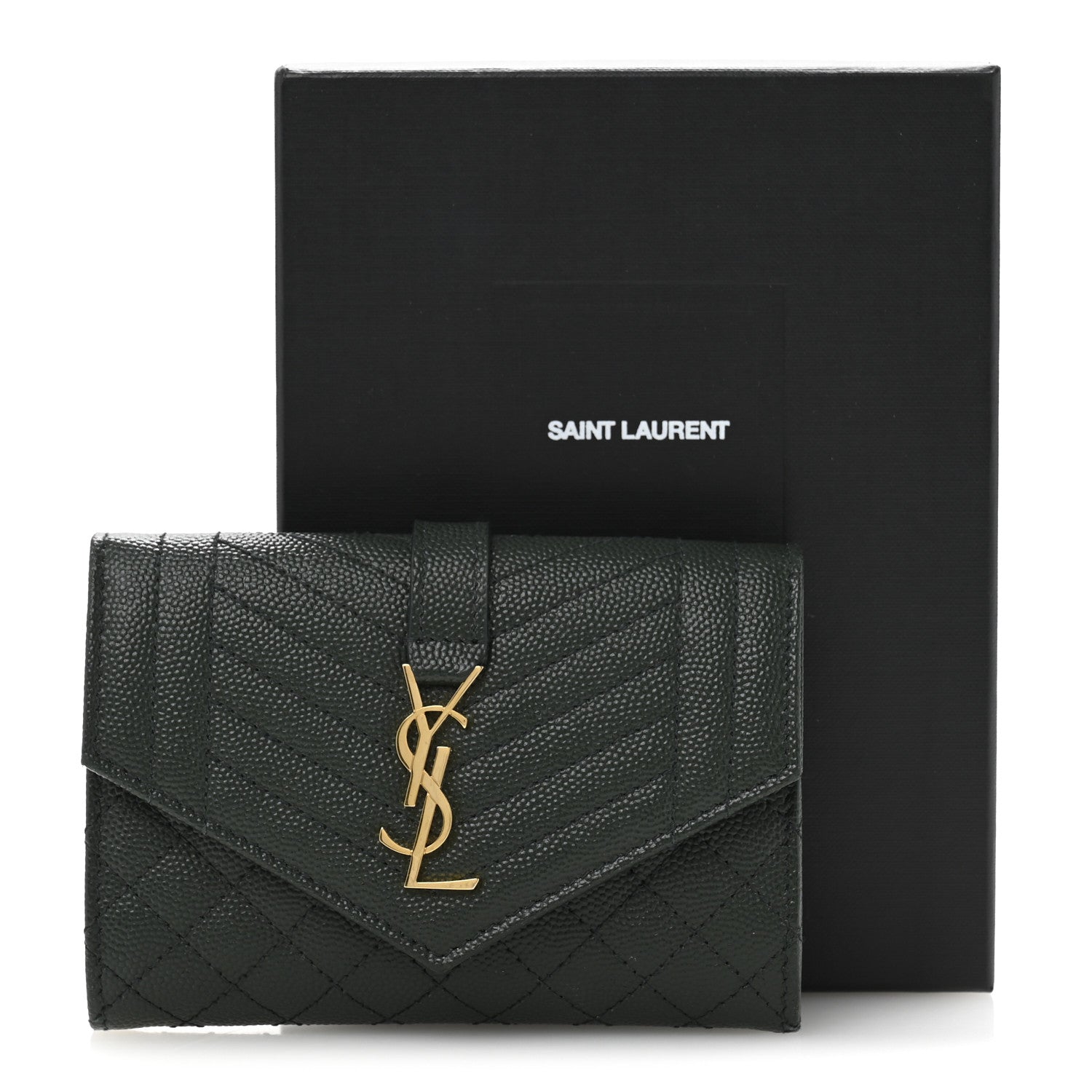 Saint Laurent Grain De Poudre Textured Mixed Matelasse Triquilt Small Monogram Envelope Wallet Dark Green 10 of 10