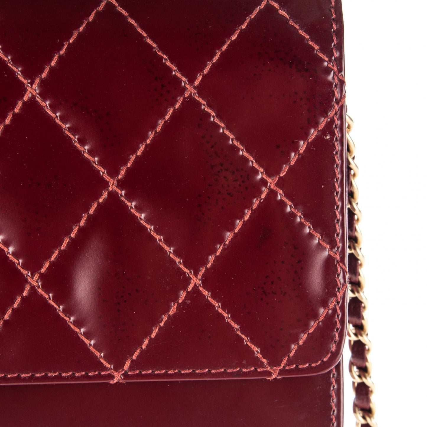 Glazed Calfskin Quilted Wallet On Chain WOC Dark Red