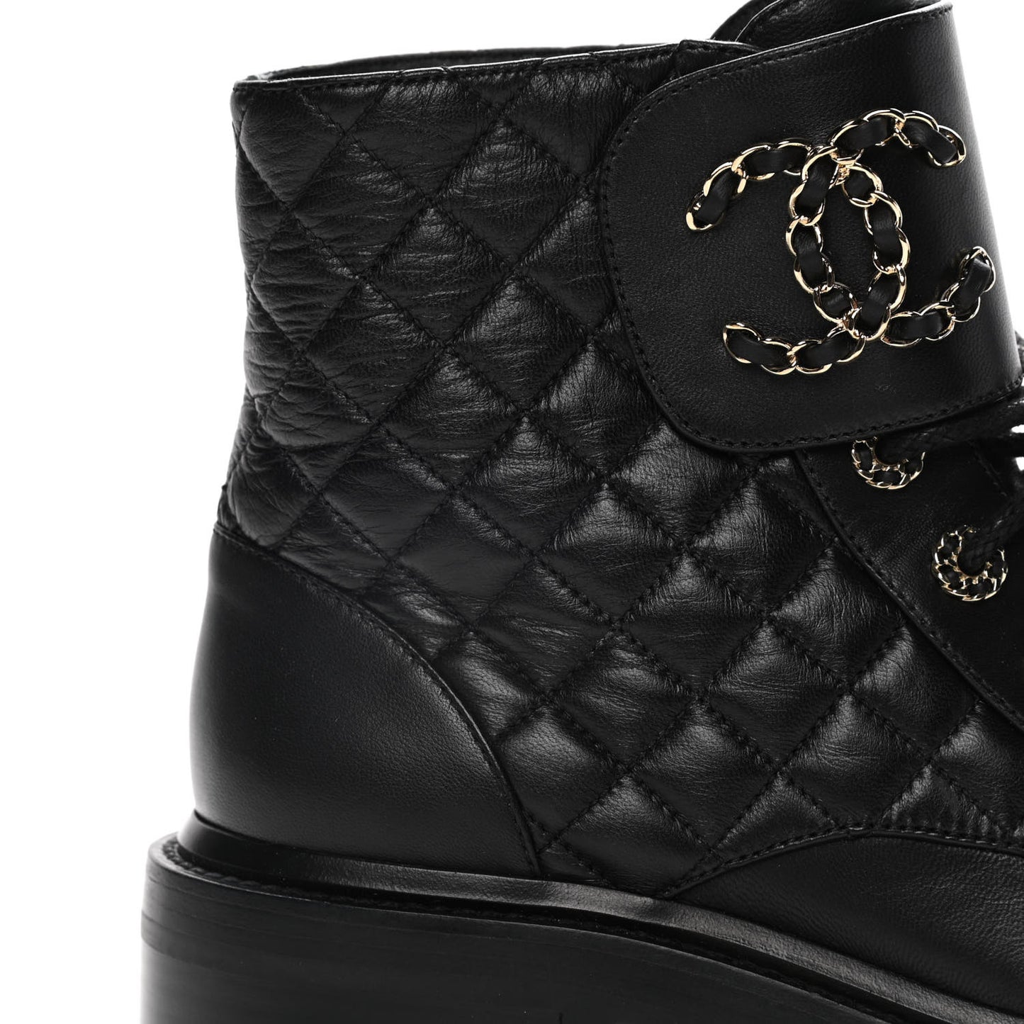 Shiny Lambskin Quilted Lace Up Combat Boots 39.5 Black