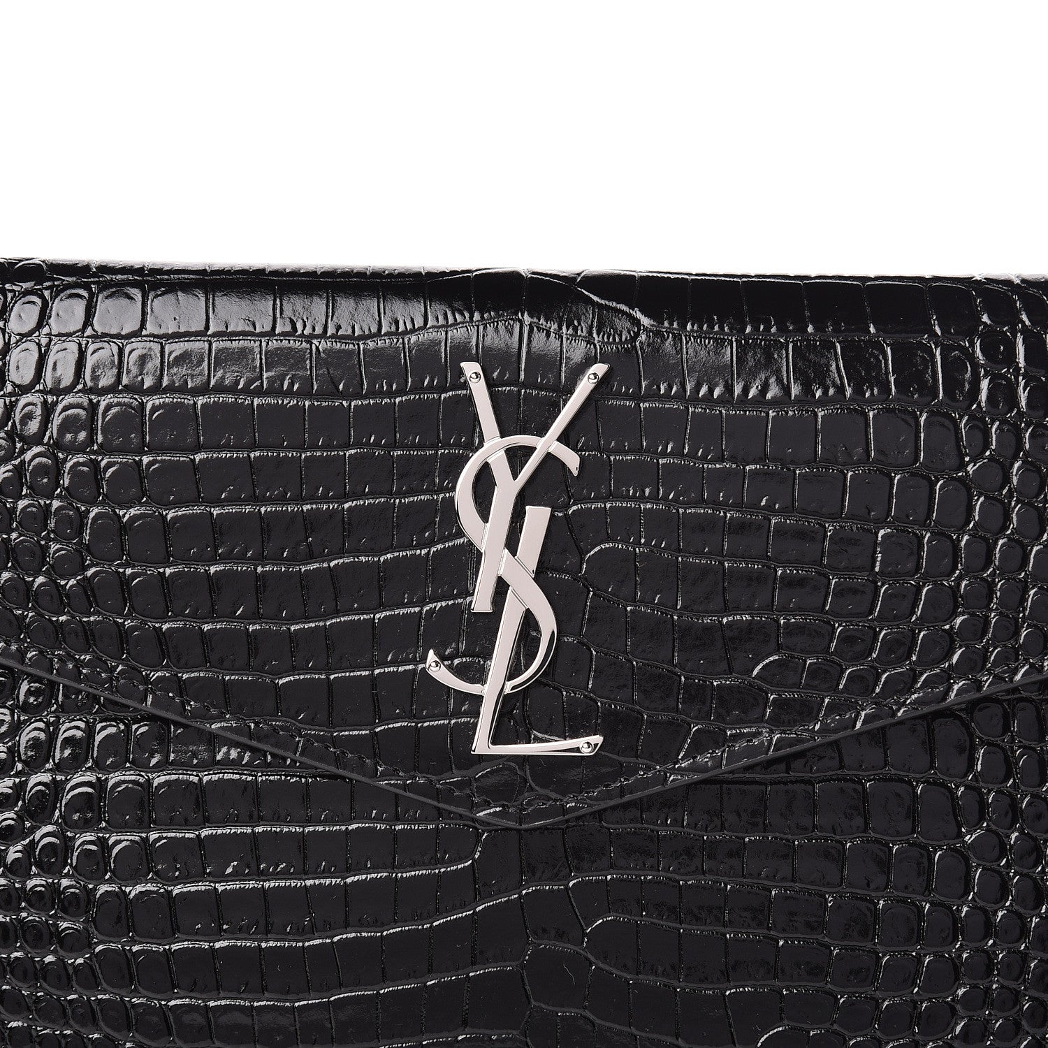 Saint Laurent Calfskin Crocodile Embossed Uptown Monogram Clutch Black 7 of 8