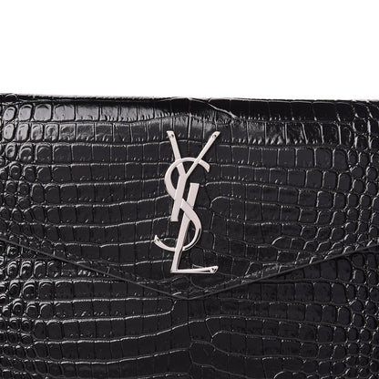 Saint Laurent Calfskin Crocodile Embossed Uptown Monogram Clutch Black 7 of 8