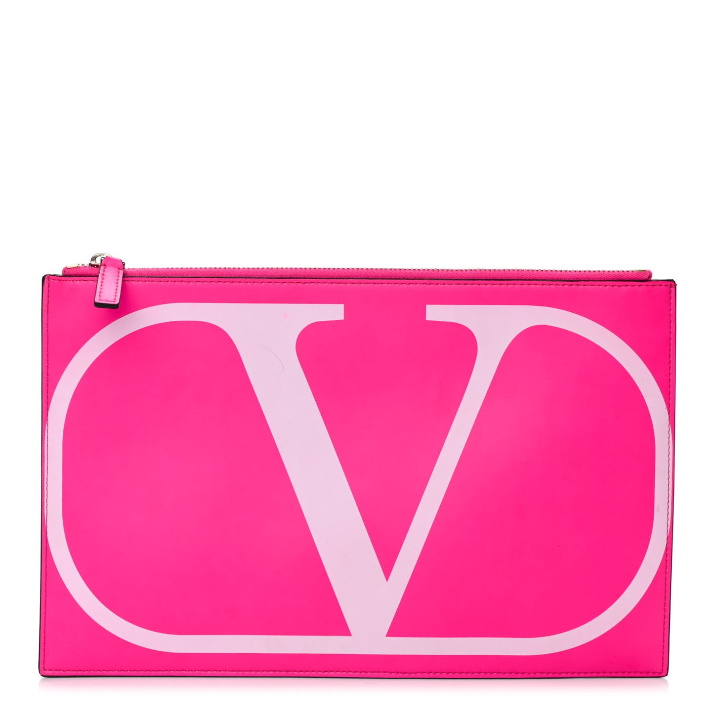 Calfskin Large VLogo Flat Zip Pouch Azalea White