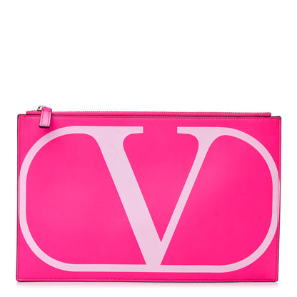Valentino Garavani Calfskin Large VLogo Flat Zip Pouch Azalea White 1 of 5