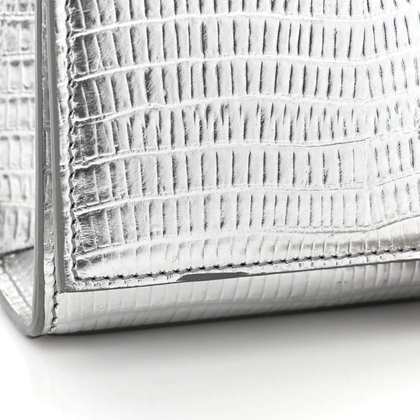 Metallic Calfskin Crocodile Embossed Small Classic Monogram Kate Tassel Satchel Silver