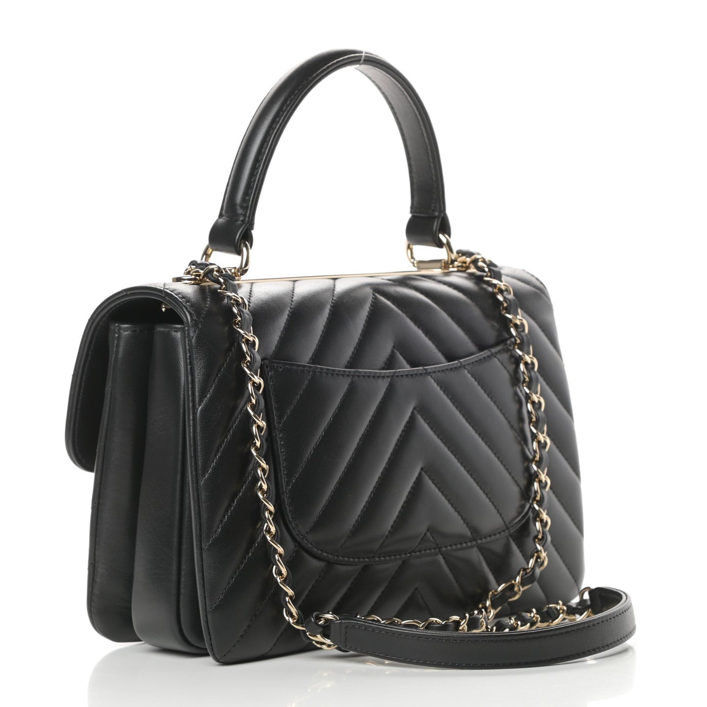 Lambskin Chevron Quilted Small Trendy CC Dual Handle Flap Bag Black