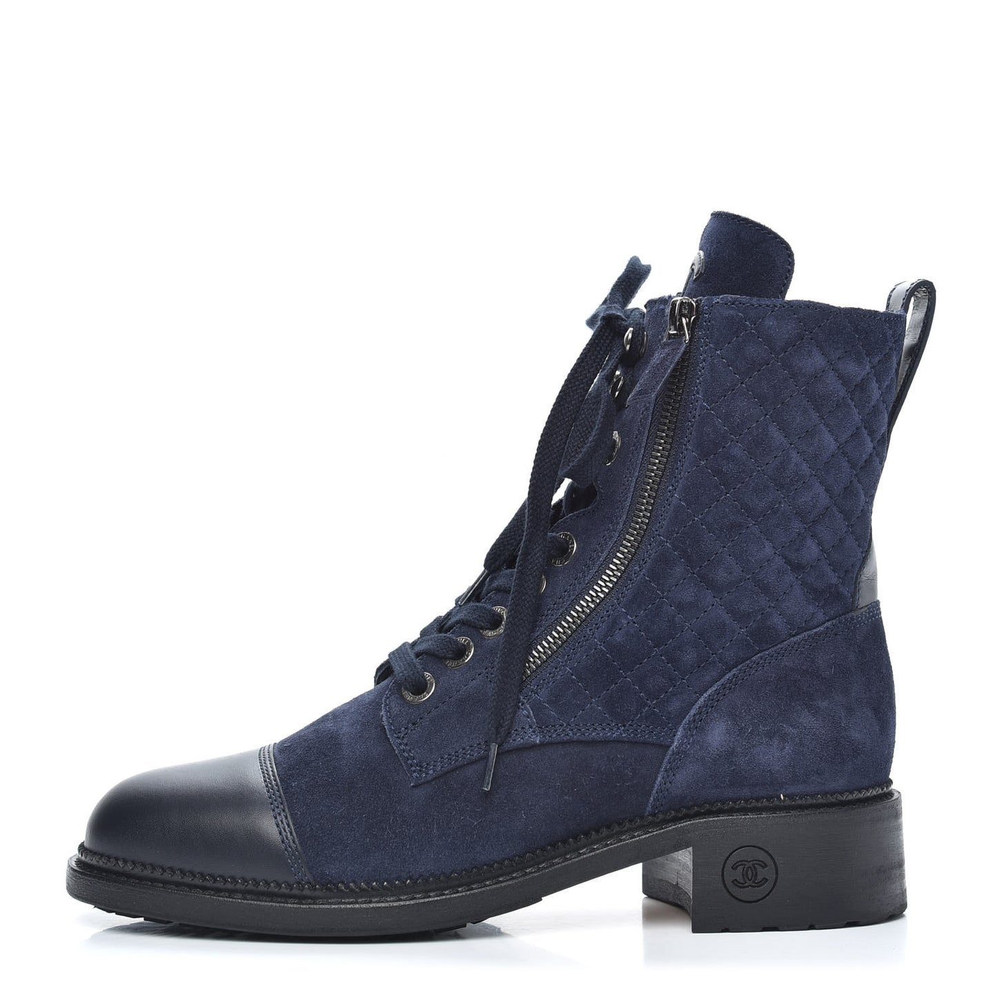 Suede Calfskin Quilted Lace Up Boots 40 Navy