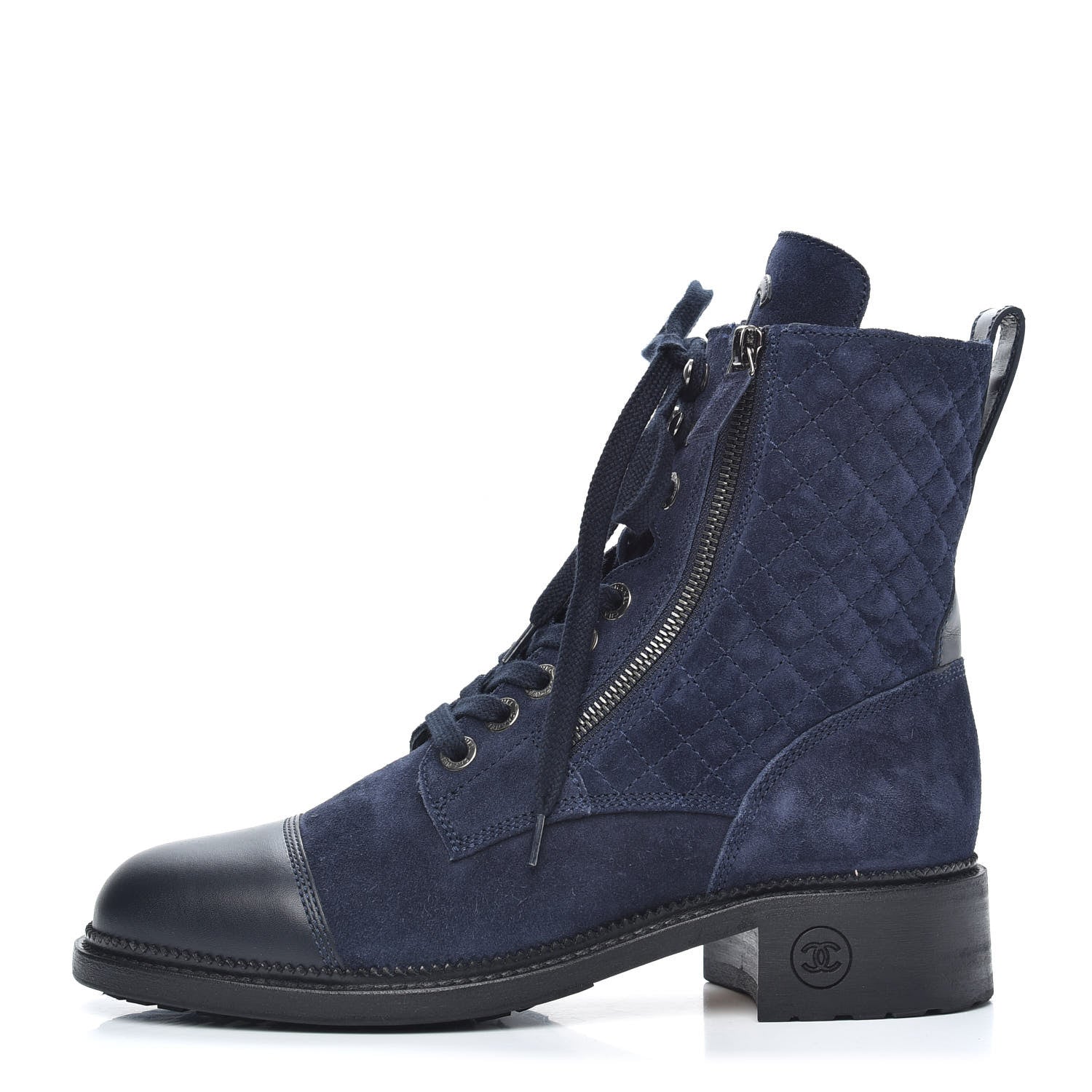 Chanel Suede Calfskin Quilted Lace Up Boots 40 Navy 1 of 8