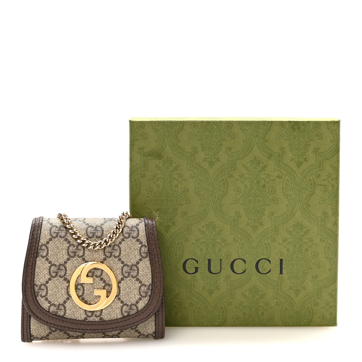 GG Supreme Monogram Textured Dollar Calfskin Blondie Chain Wallet Beige Ebony New Acero