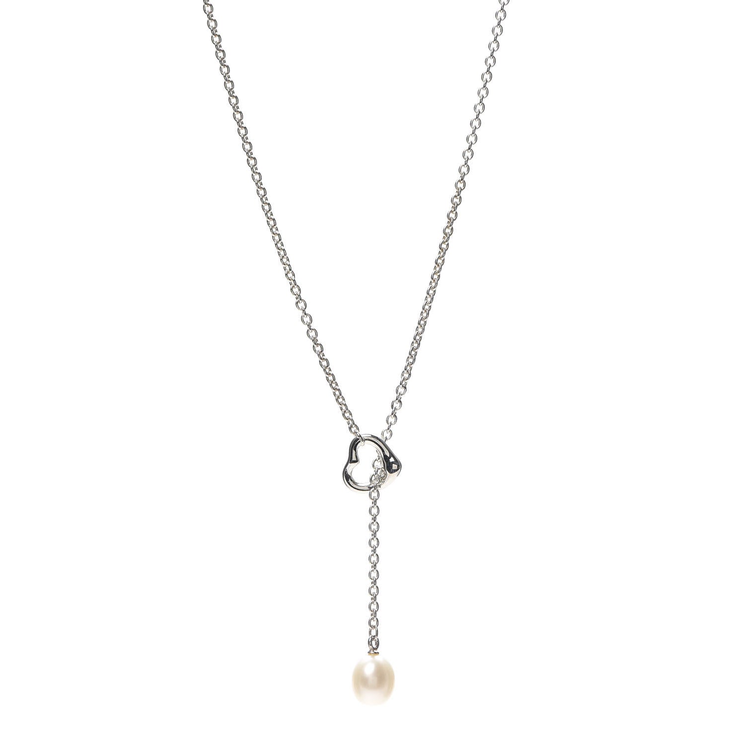 Tiffany Sterling Silver Pearl 9-9.5mm Elsa Peretti Open Heart Lariat Necklace 1 of 5