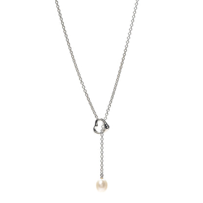 Tiffany Sterling Silver Pearl 9-9.5mm Elsa Peretti Open Heart Lariat Necklace 1 of 5