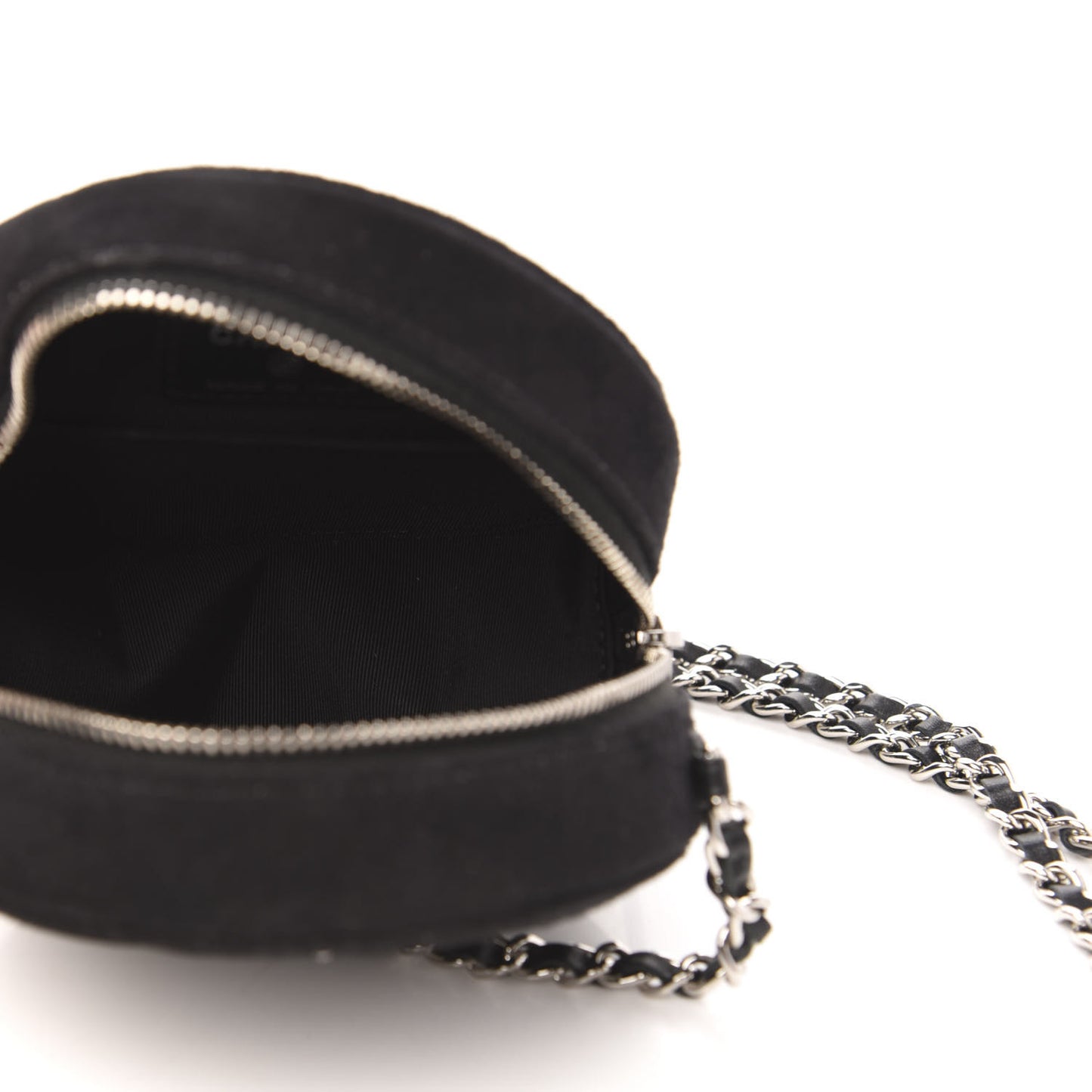 Suede Quilted Crystal Round Clutch With Logo Chain Black