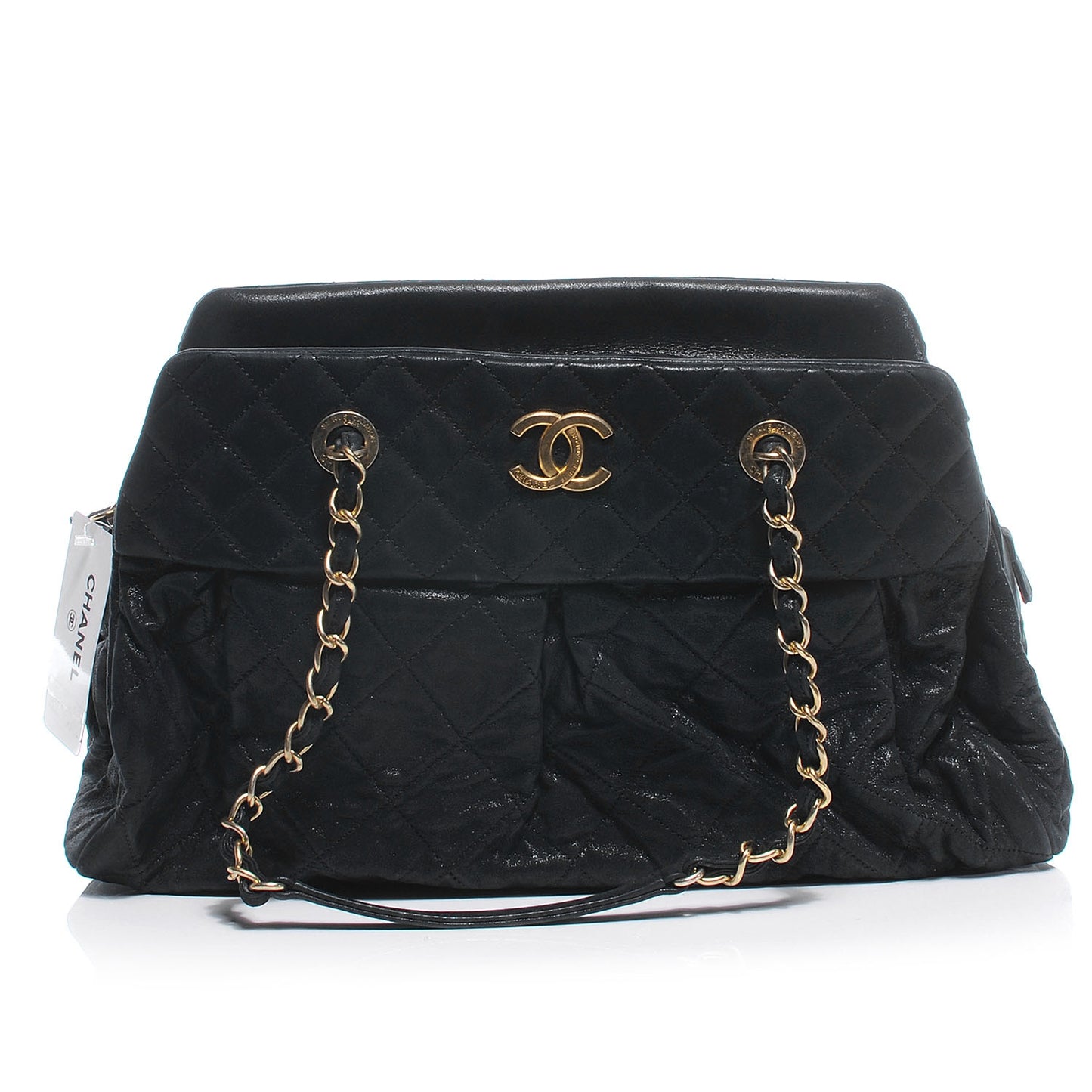 Iridescent Calfskin Chic Quilt Bowling Bag Black