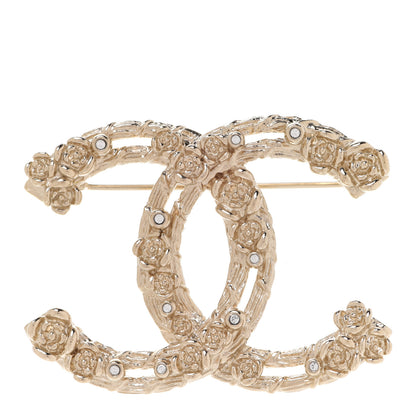 Chanel Metal Crystal Camellia CC Brooch Light Gold 1 of 5