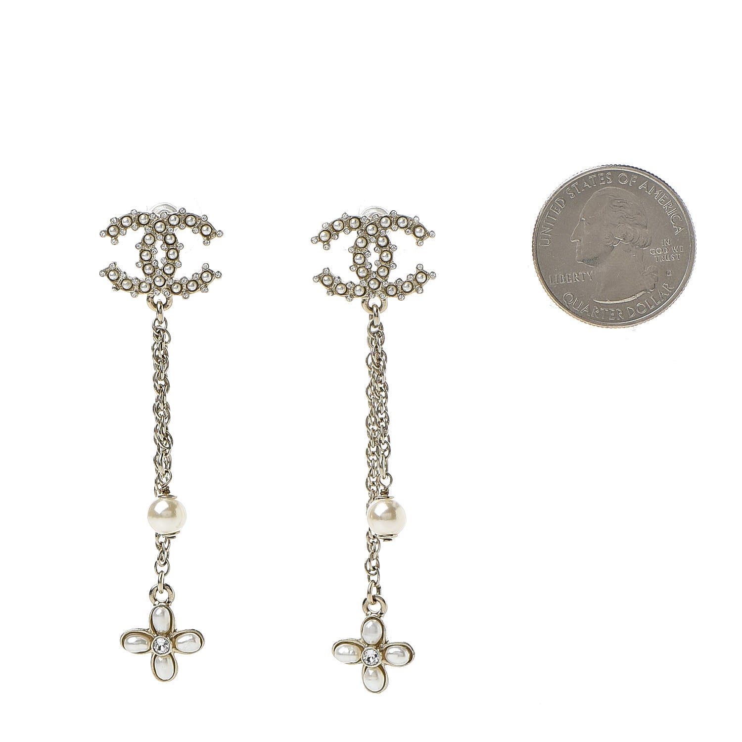 Chanel Pearl Chain Camellia CC Drop Earrings Pearly White Gold 2 of 5